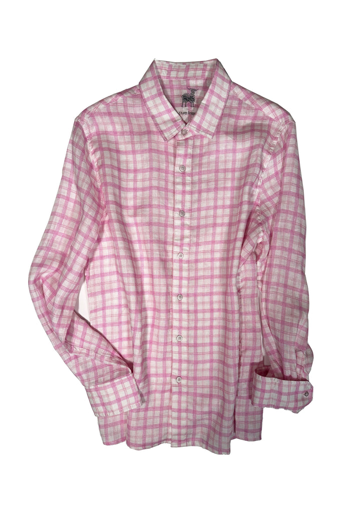 Raffi Long Sleeve  Printed Two Color Plaid Linen Button Front Shirt QP12890 | Violet